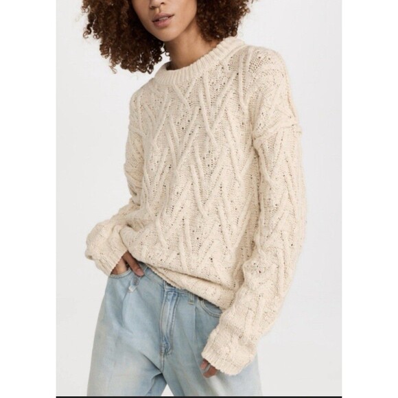 Free People Isla Sweater Women's Large Ivory White Chunky Cable Tunic Oversized - Picture 2 of 16